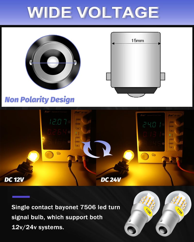 Alopee 1156 LED Bulb Amber 10-30V DC 1156 Bulb Replacement for 1141 1003 7506 P21W Blinker Light, Turn Signal Bulb 3014 Chips, Non Polarity, Pack of 2 - Image 5